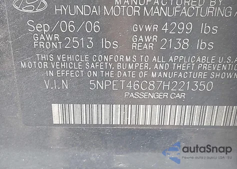 2007 Hyundai Sonata Gls из США, поврежденный, VIN 5NPET46C87H221350